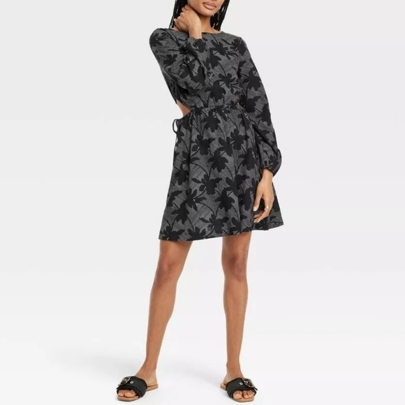 Womens Balloon Sleeve Mini A-Line Dress | Universal Thread | Black Floral | XS - Picture 1 of 12